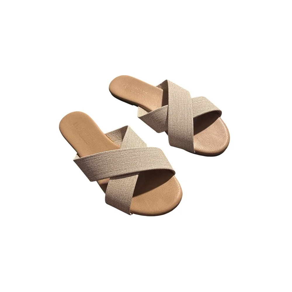 LC Lauren Conrad Azeret Natural Crisscross Slide Sandals Tan Neutral Womens 7